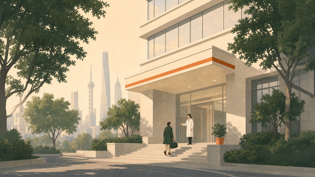 A patient arriving at a Shanghai hospital, being welcomed by a doctor at the entrance.