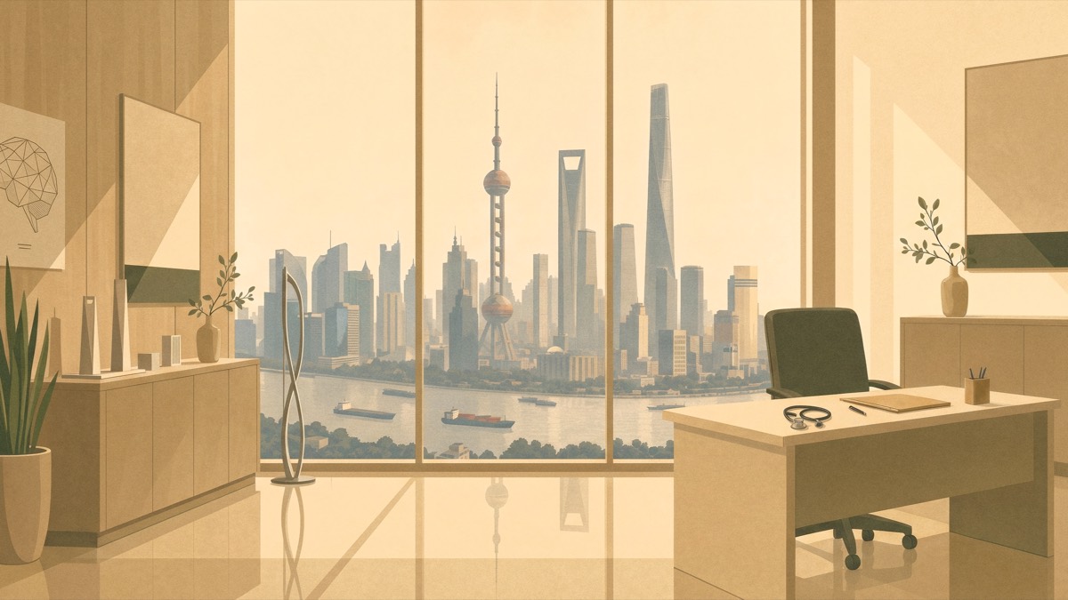 A quiet consultation room high above Shanghai, with the Pudong skyline visible through the window.