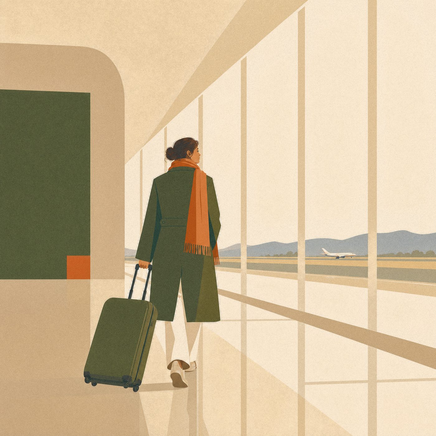A traveler with a suitcase walking through a softly lit airport corridor, viewed from behind.