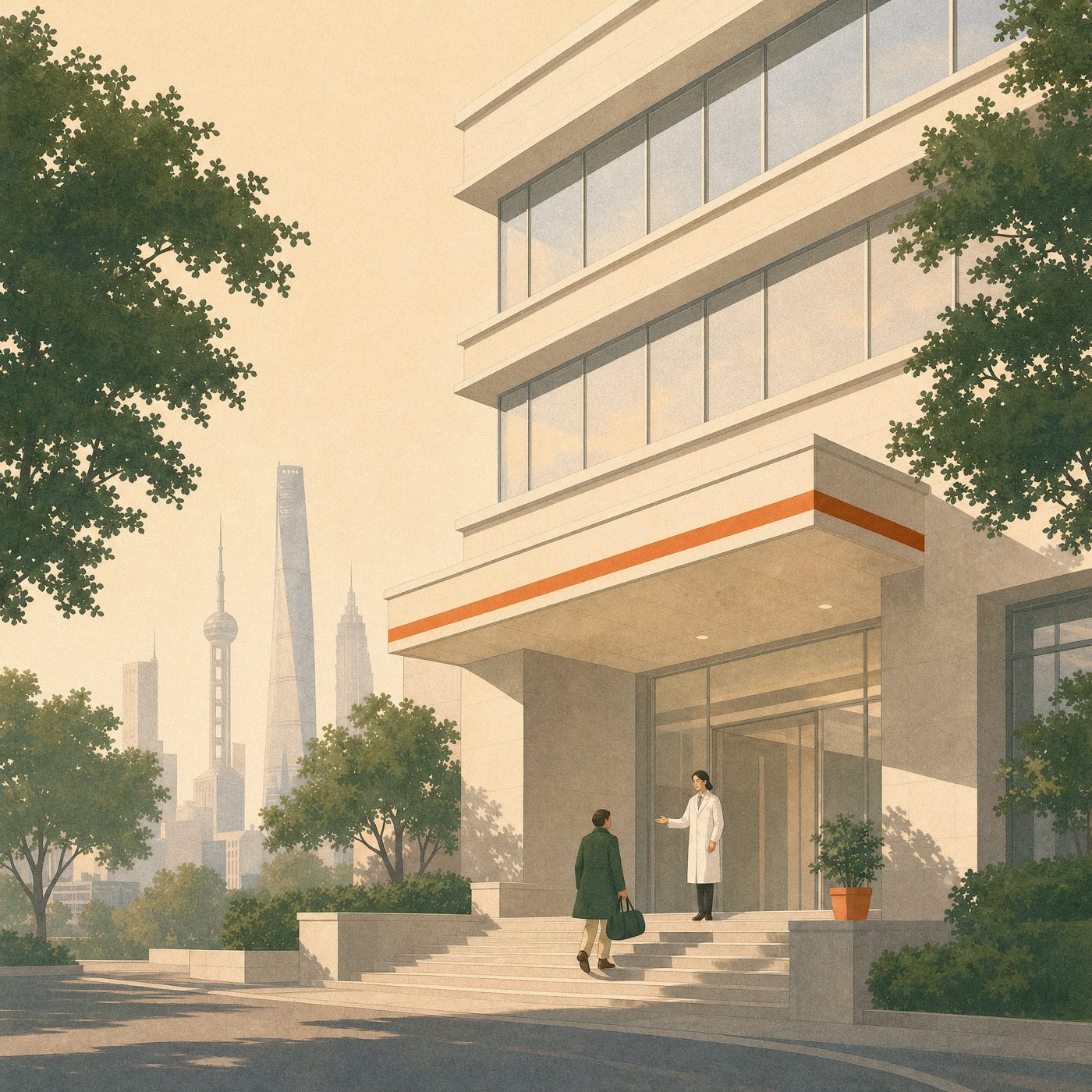 A patient arriving at a Shanghai hospital, being welcomed by a doctor at the entrance.