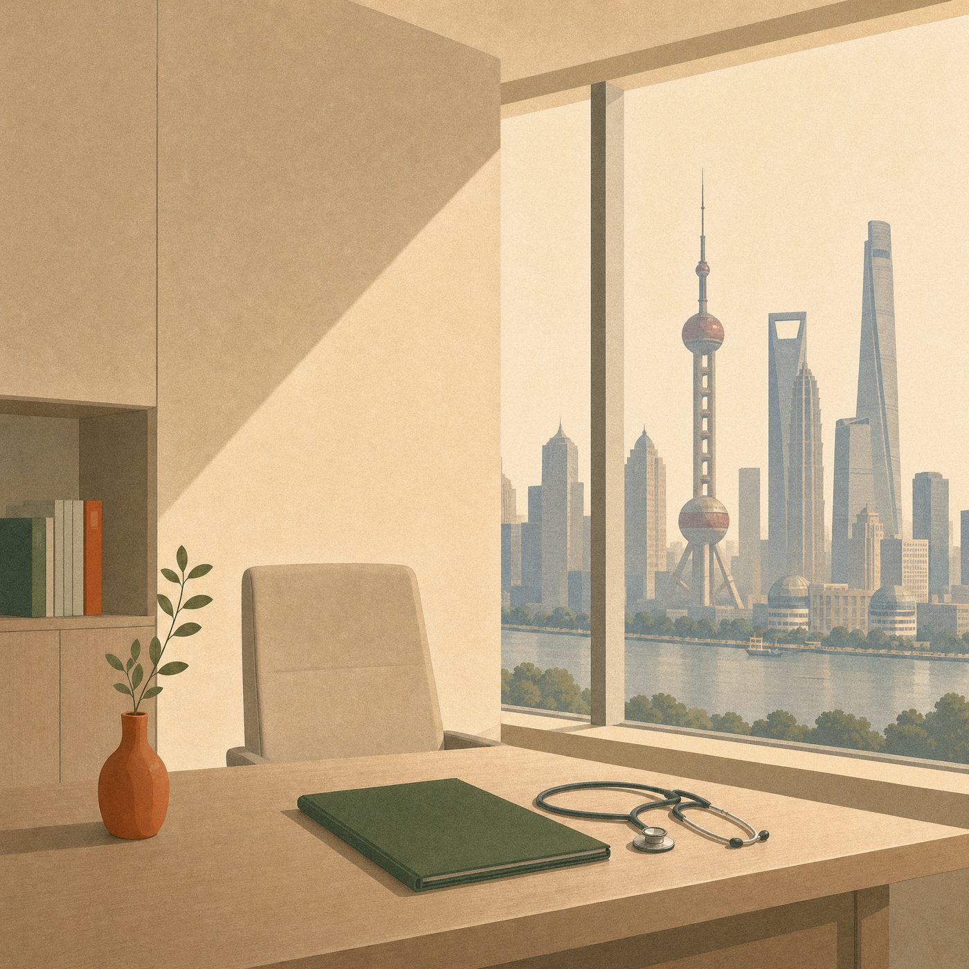 A quiet consultation room high above Shanghai, with the Pudong skyline visible through the window.